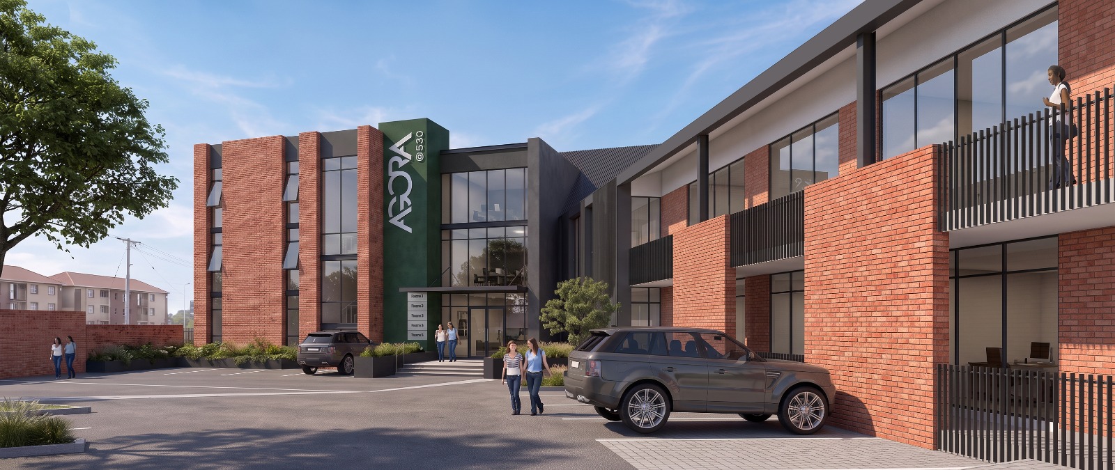 Agora @ 530 office building, featuring parking spaces and modern architectural design in a serene environment